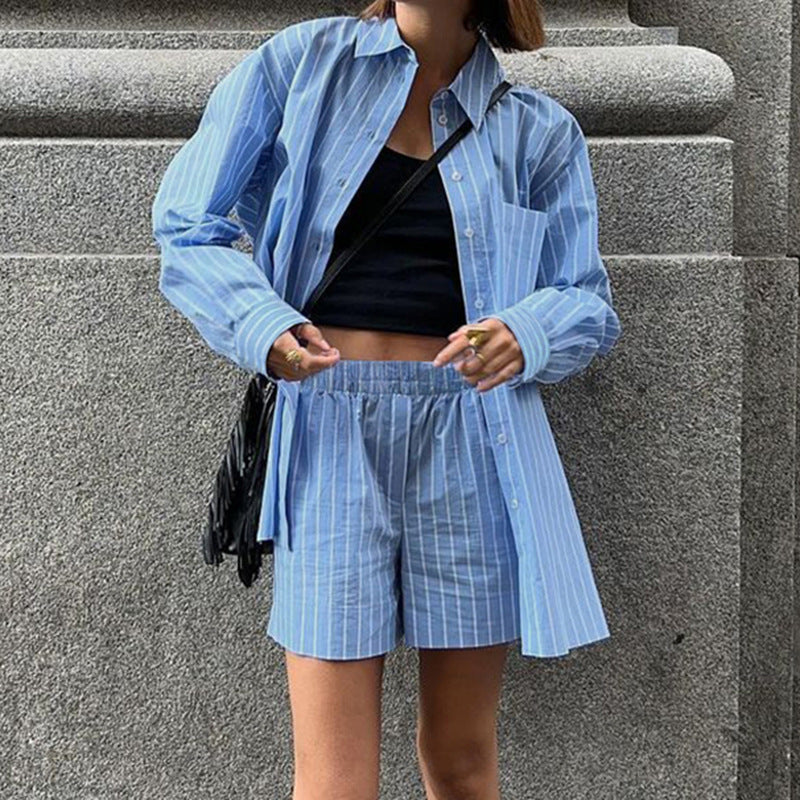 Blue Striped Lapel Long Sleeve Casual Two-piece Suit