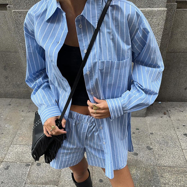 Blue Striped Lapel Long Sleeve Casual Two-piece Suit