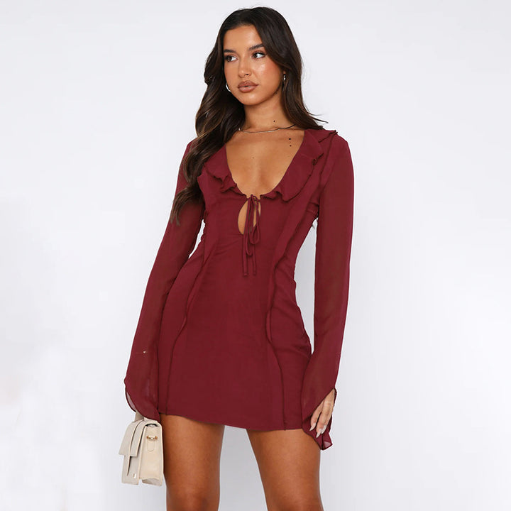 Sexy Ruffled V-neck Lace-up Long-sleeved Dress